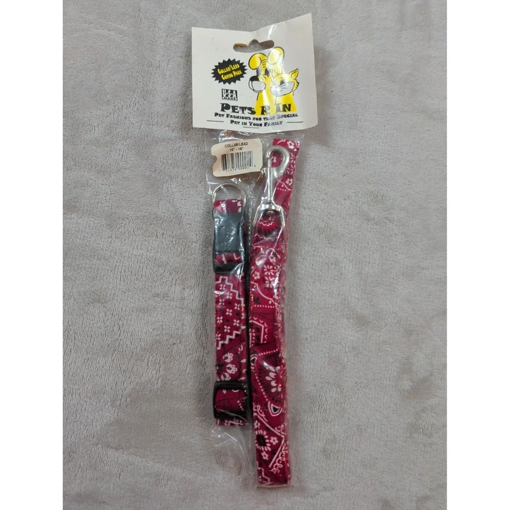 Vtg Pets R In Red Bandana Paisley Dog Collar‎ and Leash Set Made in USA 10-16in